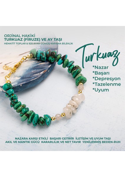 Sertifikalı Orjinal Hakiki Turkuaz (Firuze) & Ay Taşı Doğal Taşlı Gümüş Kapama Bileklik