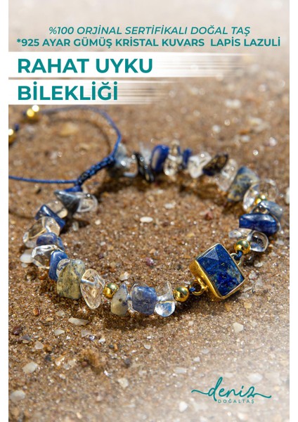 Sertifikalı Doğal Taşlı Rahat Uyku Bilekliği, 925 Ayar Gümüş, Lapis Lazuli, Kristal Kuvars