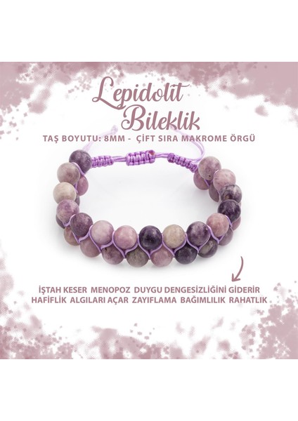 Sertifikalı Lepidolit 8mm Çift Sıra Makrome Doğal Taş Bileklik