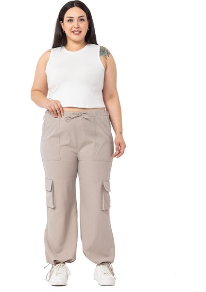 Büyük Beden Büzgü Detaylı Kargo Cepli Paraşüt Taş Rengi Pantolon fiyatları