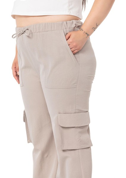 Büyük Beden Büzgü Detaylı Kargo Cepli Paraşüt Taş Rengi Pantolon fırsatları
