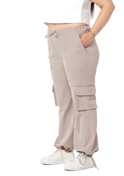 Büyük Beden Büzgü Detaylı Kargo Cepli Paraşüt Taş Rengi Pantolon indirimleri