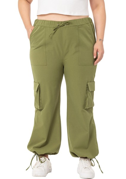 Büyük Beden Büzgü Detaylı Kargo Cepli Paraşüt Haki Pantolon