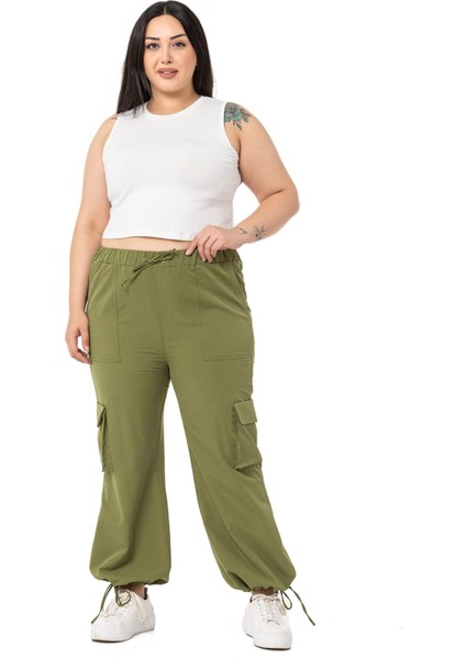 Büyük Beden Büzgü Detaylı Kargo Cepli Paraşüt Haki Pantolon fiyatları