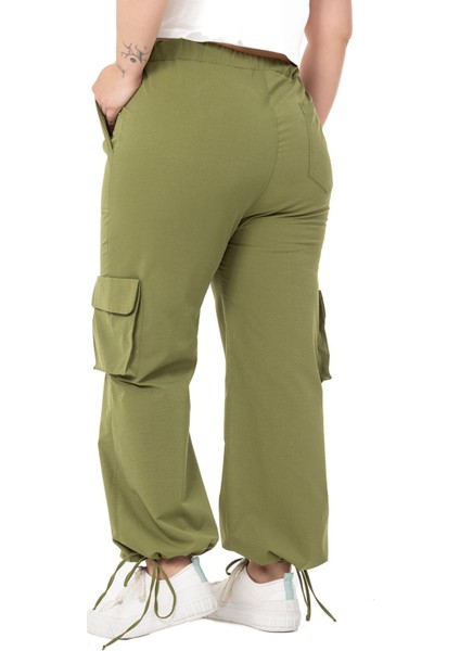 Büyük Beden Büzgü Detaylı Kargo Cepli Paraşüt Haki Pantolon modelleri