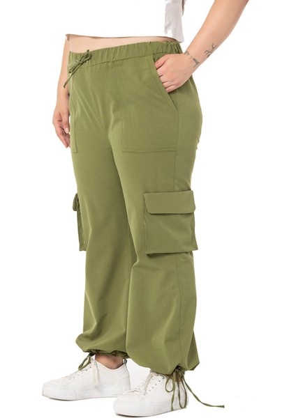 Büyük Beden Büzgü Detaylı Kargo Cepli Paraşüt Haki Pantolon fırsatları