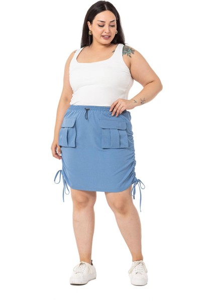 Büyük Beden Büzgü Detaylı Paraşüt Mini Mavi Etek