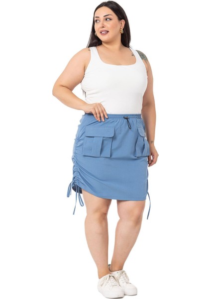 Büyük Beden Büzgü Detaylı Paraşüt Mini Mavi Etek indirimleri