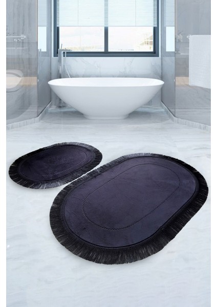 Pera Siyah 2'li Banyo Paspası Halısı Seti Kaymaz Deri Tabanlı Saçaklı Püsküllü Klozet Takımı