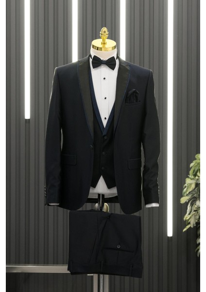 Regular Fit Kırlangıç Çıkmalı Yaka Parlak Kumaş Yelekli Papyonlu Smokin Takım Elbise fiyatları