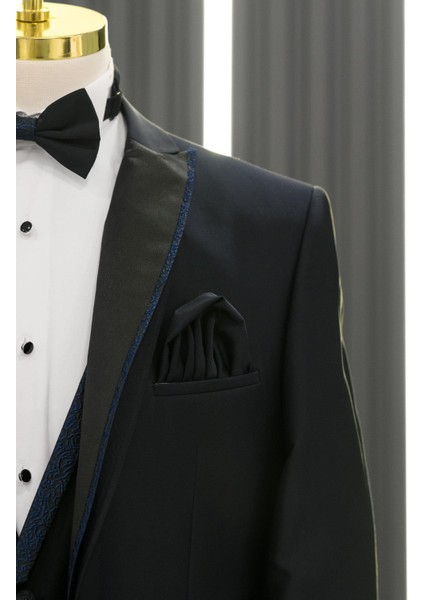 Regular Fit Kırlangıç Çıkmalı Yaka Parlak Kumaş Yelekli Papyonlu Smokin Takım Elbise modelleri