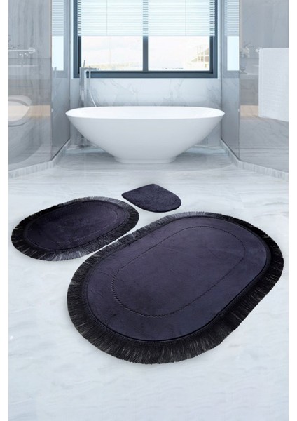 Pera Siyah 3'lü Banyo Paspası Halısı Seti Kaymaz Deri Tabanlı Saçaklı Püsküllü Klozet Takımı