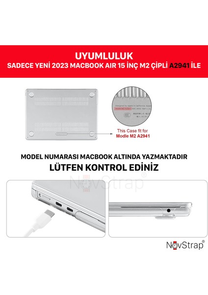 Novstrap Apple Macbook Air 15 Inç A2941 M2 Çip ile Uyumlu Parlak Kılıf + Şeffaf Klavye Kılıfı + Film