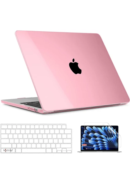 Novstrap Apple Macbook Air 15 Inç A2941 M2 Çip ile Uyumlu Parlak Kılıf + Şeffaf Klavye Kılıfı + Film