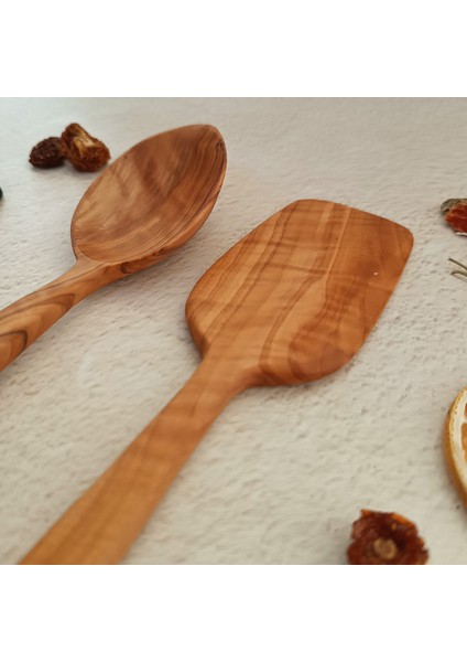 Ahşap Tahta Kaşık ve Spatula Seti - El Yapımı - Zeytin Ağacı - 24 cm ve 28 cm modelleri