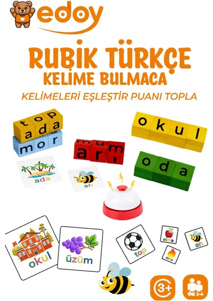 Rubik Türkçe Bulmaca Zeka ve Görsel Hafıza Geliştirici Oyuncak 40 Adet Kart 16 Küp 1 Zil