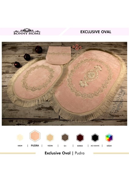 Exclusive Oval Pudra 3'lü Dantelli ve Saçaklı Banyo Paspası Püsküllü Çeyizlik Kaymaz Klozet Takımı