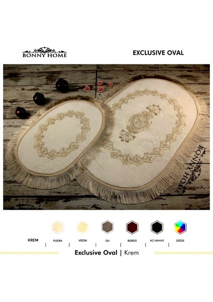 Exclusive Oval Krem 2'li Dantelli ve Saçaklı Banyo Paspası Püsküllü Çeyizlik Kaymaz Klozet Takımı fiyatları