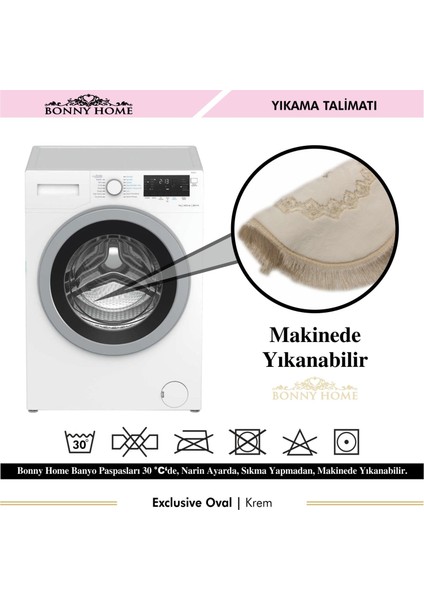 Exclusive Oval Krem 2'li Dantelli ve Saçaklı Banyo Paspası Püsküllü Çeyizlik Kaymaz Klozet Takımı indirimleri