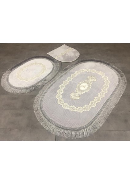 Exclusive Oval Gri 3'lü Dantelli ve Saçaklı Banyo Paspası Püsküllü Çeyizlik Kaymaz Klozet Takımı