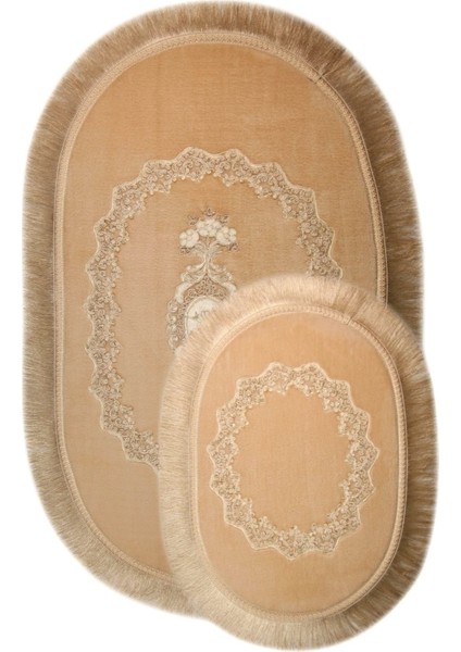 Exclusive Oval Vizon 2'li Dantelli ve Saçaklı Banyo Paspası Püsküllü Çeyizlik Kaymaz Klozet Takımı