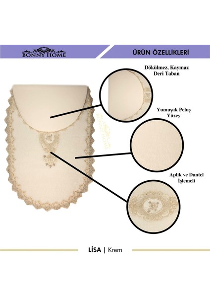 Lisa Krem Oval 3'lü Dantelli Banyo Paspas Seti Çeyizlik Kaymaz Taban Klozet Takımı Banyo Halısı