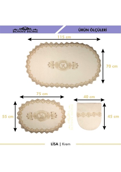 Lisa Krem Oval 3'lü Dantelli Banyo Paspas Seti Çeyizlik Kaymaz Taban Klozet Takımı Banyo Halısı