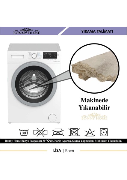 Lisa Krem Oval 3'lü Dantelli Banyo Paspas Seti Çeyizlik Kaymaz Taban Klozet Takımı Banyo Halısı