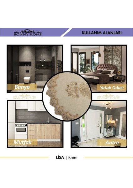 Lisa Krem Oval 3'lü Dantelli Banyo Paspas Seti Çeyizlik Kaymaz Taban Klozet Takımı Banyo Halısı