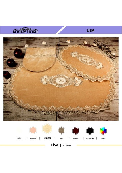 Lisa Vizon Oval 3'lü Dantelli Banyo Paspas Seti Çeyizlik Kaymaz Taban Klozet Takımı Banyo Halısı