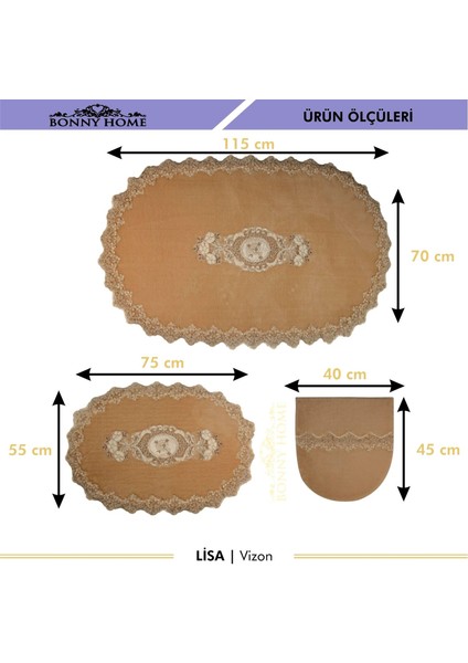 Lisa Vizon Oval 3'lü Dantelli Banyo Paspas Seti Çeyizlik Kaymaz Taban Klozet Takımı Banyo Halısı