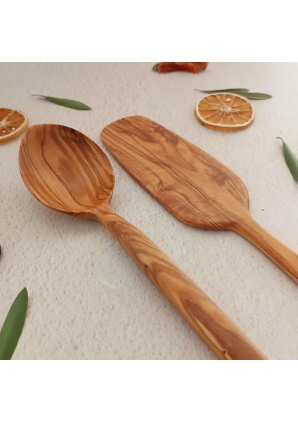 Ahşap Tahta Kaşık ve Spatula Seti - El Yapımı - Zeytin Ağacı - 30 cm ve 31 cm