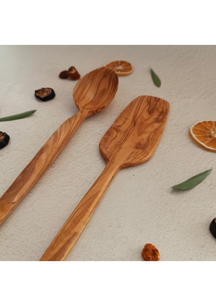 Ahşap Tahta Kaşık ve Spatula Seti - El Yapımı - Zeytin Ağacı - 30 cm ve 31 cm