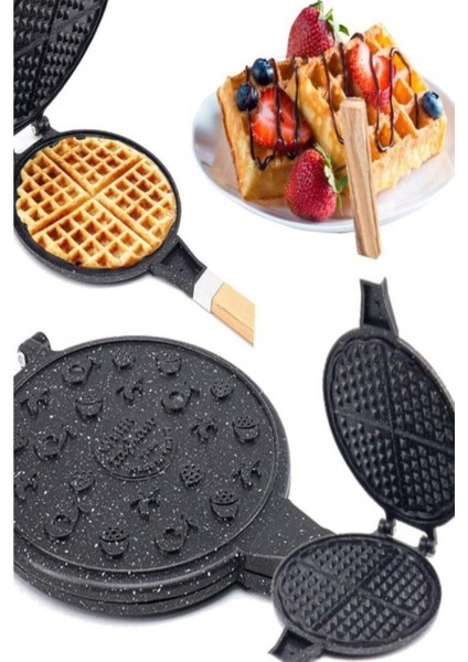 Yeni Nesil Döküm Waffle Tavası Ahşap Kulp Siyah