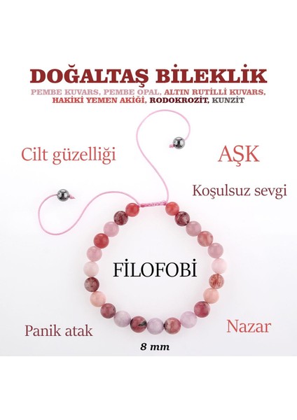 Pembe Kuvars, Pembe Opal, Altın Rutilli Kuvars, Hakiki Yemen Akiği, Rodokrozit, Kunzit Bileklik B905