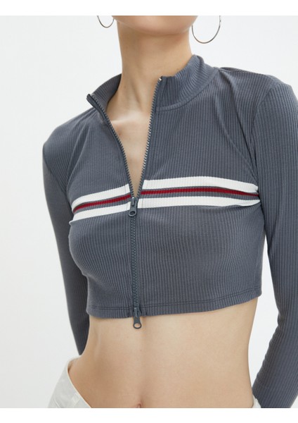Crop Fermuarlı Tişört Uzun Kollu Çizgili Dik Yaka Dar Kalıp indirimleri