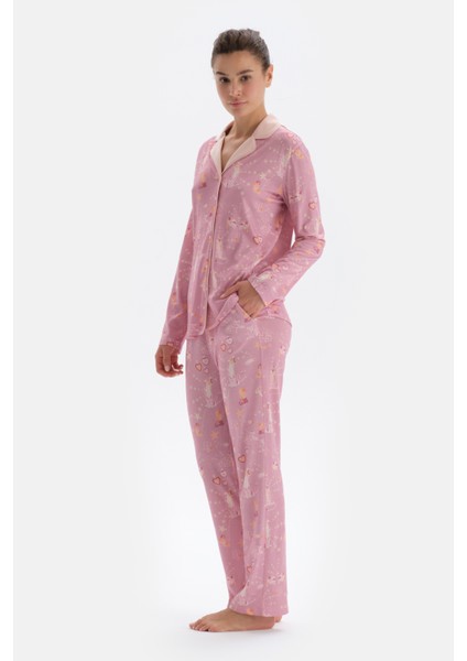 Pembe Metraj Baskılı Gömlek Pantolon Pijama Takımı