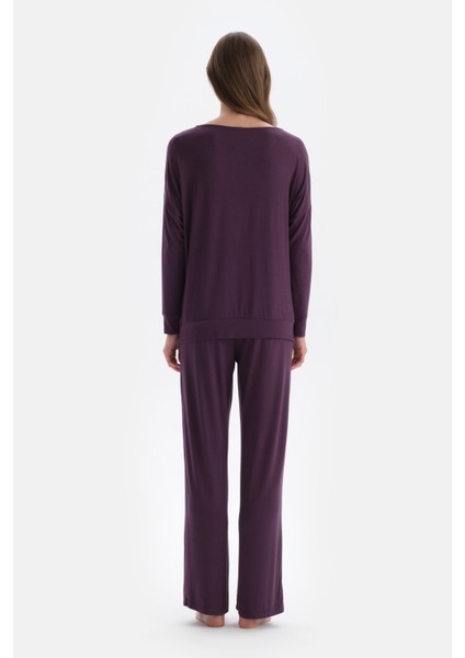 Mor Kayık Yaka Uzun Kollu Penye Modal Örme Pijama Takımı