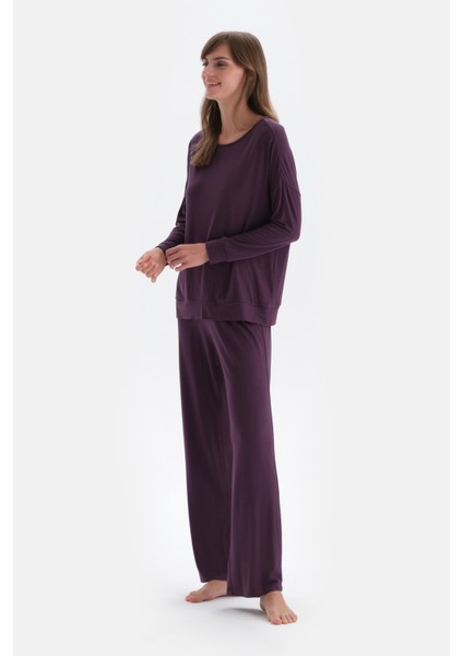 Mor Kayık Yaka Uzun Kollu Penye Modal Örme Pijama Takımı