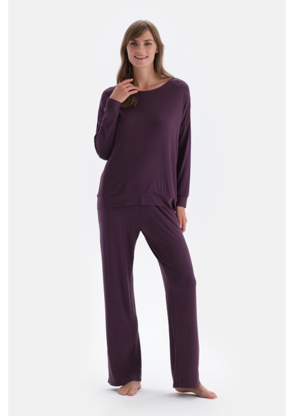 Mor Kayık Yaka Uzun Kollu Penye Modal Örme Pijama Takımı