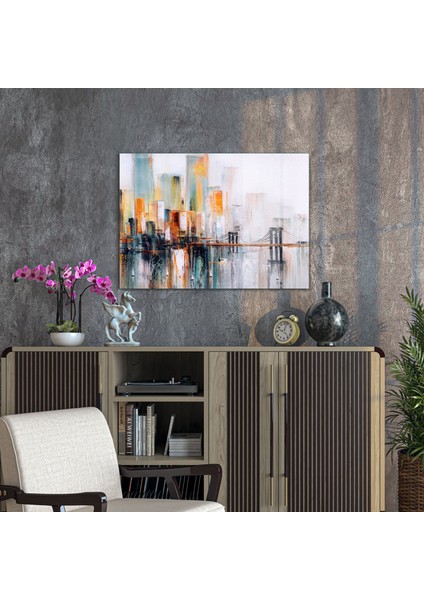 Cam Tablo Yağlı Boya Renkli Şehir Manzarası 70X100 cm