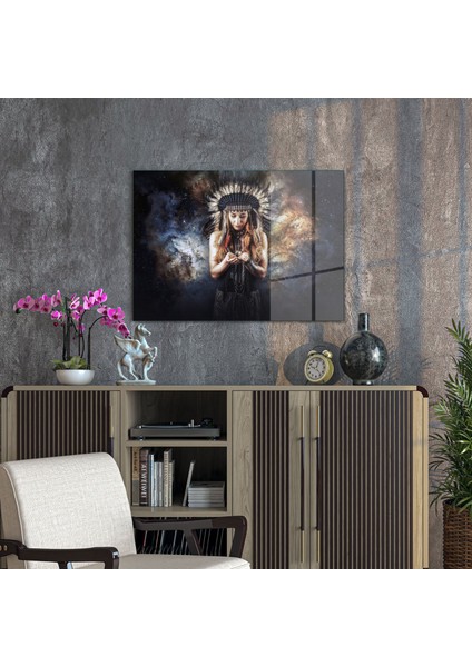 Cam Tablo Spiritual Kızılderili Kadın 50X70 cm