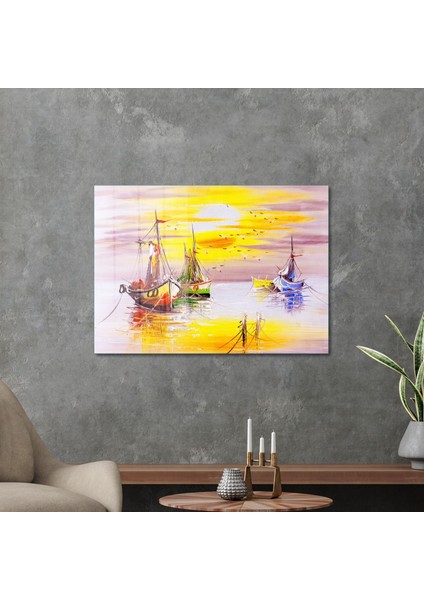 Cam Tablo Yağlı Boya Kayık Limanı 50X70 cm modelleri
