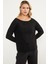 Kayık Yaka Motif Detaylı Triko Kazak - Siyah 1