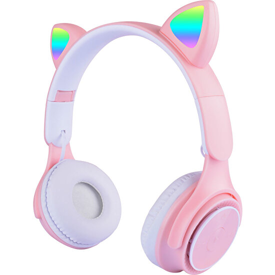 Boğazören Sesli Katlanabilir Pembe Renk Kulak Üstü Kedi Kulaklığı(Rgb LED Işık+Yüksek Bass+Fonksiyonel Buton)