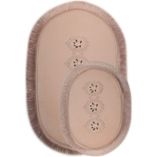 Teksev Shems Oval Pudra 2'li Dantelli ve Saçaklı Banyo Halısı Paspası Seti Çeyizlik Kaymaz Klozet Takımı