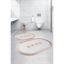 Teksev Shems Oval Krem 2'li Dantelli ve Saçaklı Banyo Halısı Paspası Seti Çeyizlik Kaymaz Klozet Takımı