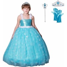 Butik Happy Kids Prenses Elsa Askılı Kostüm Taç Asa Eldiven Hediyeli 1-12 Yaş