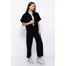 Nuseel Aerobin Crop Gömlek Beli Lastikli Pantolon 2li Takım Siyah