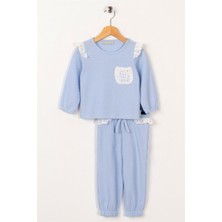 Zepkids Kız Çocuk Mavi Renkli Omuzları Beli Dantelli Waffel Desenli İkili Takım